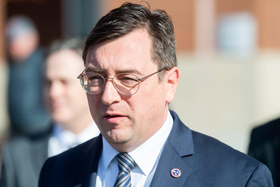 Tennessee Attorney General Jonathan Skrmetti speaks to the media outside of the James H. Quillen United States Courthouse in Greeneville on Tuesday, February 13, 2024.