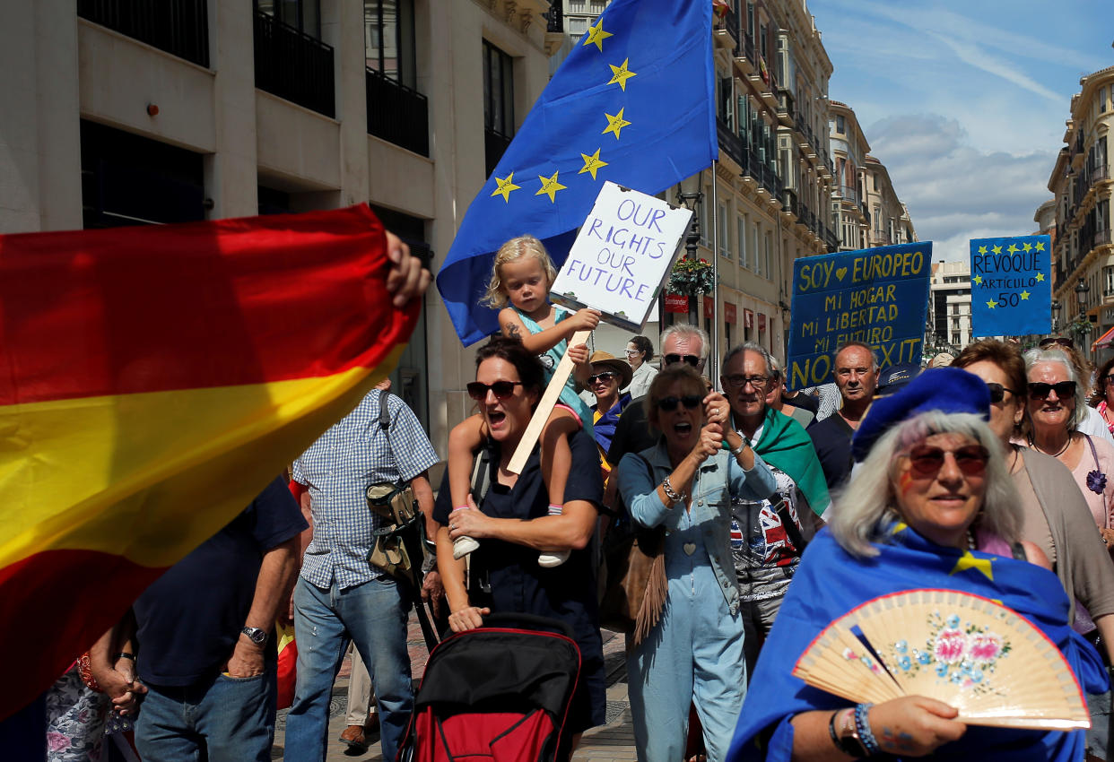 British residents in Spain march during an anti-Brexit demonstration, in Malaga, Spain September 22, 2019. REUTERS/Jon Nazca