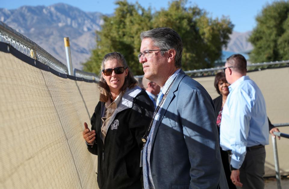 Palm Springs Unified School District superintendent Tony Signoret, talks with Landau Elementary School principal Wendy Meka about some ongoing construction at the school in Cathedral City, Calif., Dec. 12, 2023.