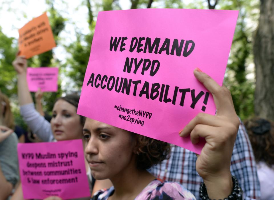 Demonstrators outside One Police Plaza in New York City on June 18, 2013.&nbsp; (Photo: TIMOTHY CLARY via Getty Images)