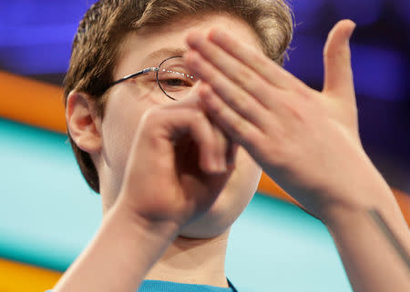 Jack Miller, 13, of Abilene, Texas, competes during the 2017 Scripps National Spelling Bee at National Harbor in Oxen Hill, Maryland, U.S., May 31, 2017. REUTERS/Joshua Roberts