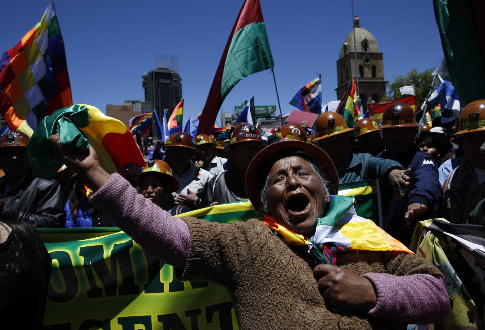 A female supporter of Bolivian President Evo Morales shows her support during a march in La Paz, Bolivia, Oct. 23, 2019. (AP Photo/Juan Karita)