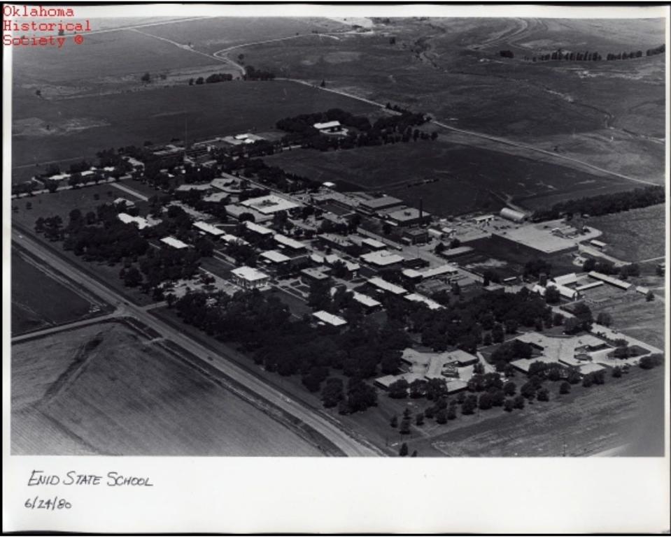 A 1980 aerial photo of the campus of the Northern Oklahoma Resource Center, formerly called the Enid State School. The Robert M. Greer Center is still on the campus.