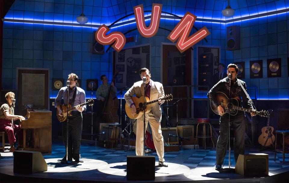 From left, Michael Kurowski as Jerry Lee Lewis, William Finn as Carl Perkins, Luke Monday as Elvis Presley and Chris Marsh Clark as Johnny Cash star in ASF's production of "Million Dollar Quartet."