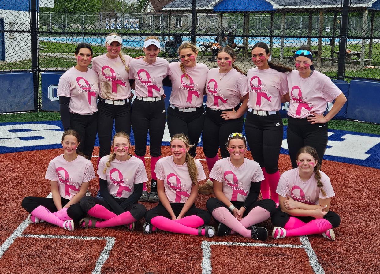 Gibraltar Carlson's softball team had special uniforms for its Pink Out doubleheader against Dundee on Saturday, May 11, 2024.