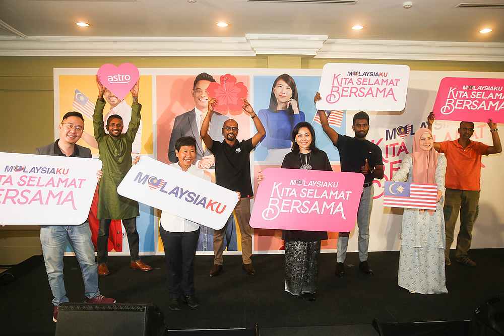 The stars and creators of the 'Malaysiaku Kita Selamat Bersama' campaign in a group photo during a press conference in Kuala Lumpur August 25, 2020. — Picture by Choo Choy May