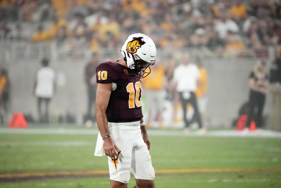 Arizona State Sun Devils quarterback Drew Pyne (10) reacts during action against the Fresno State Bulldogs in the first half at Mountain America Stadium in Tempe on Sept. 16, 2023.
