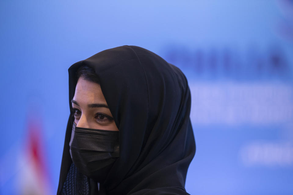 Reem Ebrahim Al-Hashimi, Emirati Minister of State for International Cooperation, takes part in meeting, in Athens, on Thursday, Feb. 11, 2021. Foreign ministers and senior officials from several Persian Gulf countries met in Athens, as Greece seeks to expand alliances to counter tension with regional rival Turkey. (AP Photo/Petros Giannakouris)