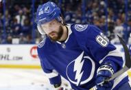 Apr 10, 2019; Tampa, FL, USA; Tampa Bay Lightning right wing Nikita Kucherov (86) works out prior to game one of the first round of the 2019 Stanley Cup Playoffs against the Columbus Blue Jackets at Amalie Arena. Mandatory Credit: Kim Klement-USA TODAY Sports