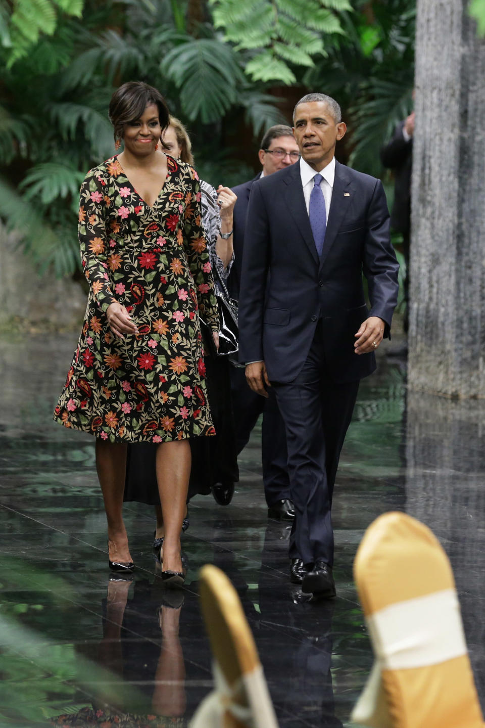 <a href="http://www.huffingtonpost.com/entry/michelle-obama-dress-cuba_us_56f131a5e4b09bf44a9e4d8d">Wearing Naeem Khan</a> at a state dinner in&nbsp;Havana, Cuba on March 21.