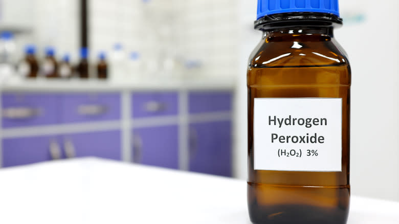 Hydrogen peroxide bottle on countertop