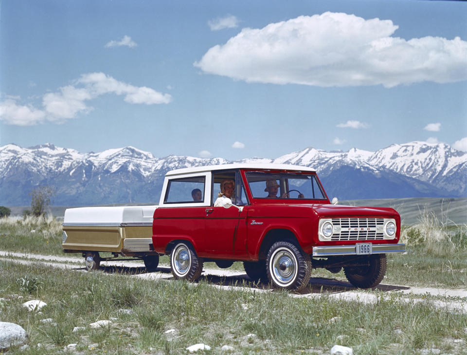 This photo provided by Ford Motor Co. shows a 1966 Ford Bronco. Ford is reviving the Bronco SUV brand in an effort to cash in on the rugged U.S. off-road vehicle market now owned by Jeep. Ford believes the Bronco name will evoke good memories from its off-road heritage during a three-decade run that ended in 1996. (Courtesy of Ford Motor Co. via AP)