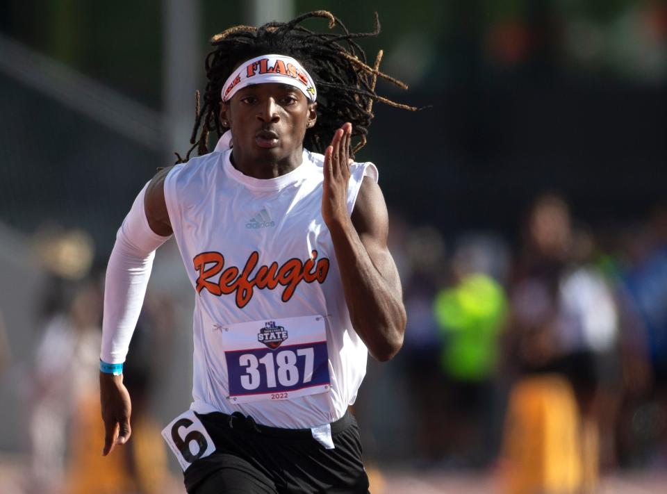 Refugio's Ernest Campbell competes in the Class 2A 100 meter dash during the UIL State Track and Field meet, Friday, May 13, 2022, at Mike A. Myers Stadium in Austin.