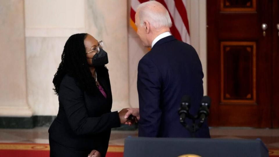 U.S. President Joe Biden (R) shakes hands with Ketanji Brown Jackson, circuit judge on the U.S. Court of Appeals for the District of Columbia Circuit, as he announced her as his nominee to the U.S. Supreme Court during an event in the Cross Hall of the White House February 25, 2022 in Washington, DC. (Photo by Drew Angerer/Getty Images)