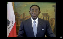 In this UNTV image, Teodoro Obiang Nguema Mbasogo, President of Equatorial Guinea, speaks in a pre-recorded video message during the 75th session of the United Nations General Assembly, Thursday, Sept. 24, 2020, at UN headquarters. The U.N.'s first virtual meeting of world leaders started Tuesday with pre-recorded speeches from heads-of-state, kept at home by the coronavirus pandemic. (UNTV via AP)