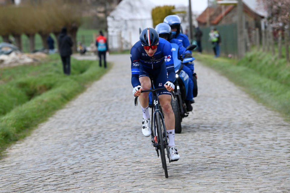 WAREGEM BELGIUM  MARCH 29 Lewis Askey of the United Kingdom and the Groupama  FDJ team is out of the breakaway during the 77th Dwars Door Vlaanderen 2023  Mens Elite a 1837km one day race from Roeselare to Waregem  DDV23  on March 29 2023 in Waregem Belgium Photo by Tim de WaeleGetty Images