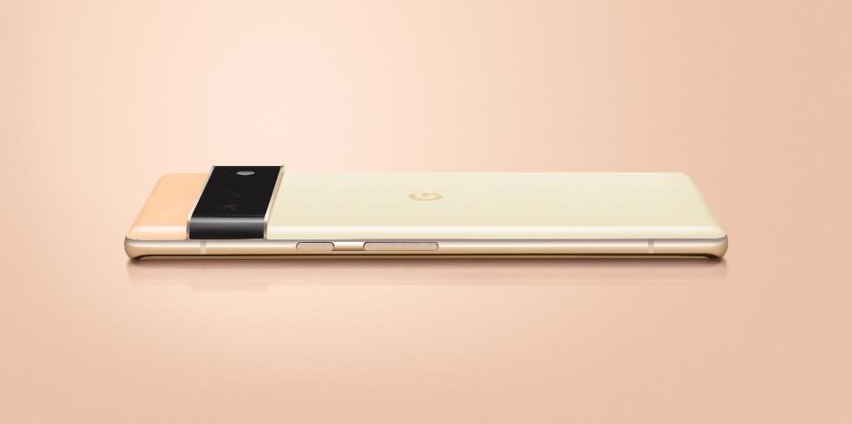 Side view of the peach/gold Pixel 6 Pro.