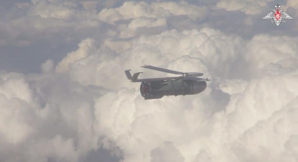 A FAB-3000 glide bomb is seen mid-flight in this video released on July 14 by the Russian Ministry of Defense.