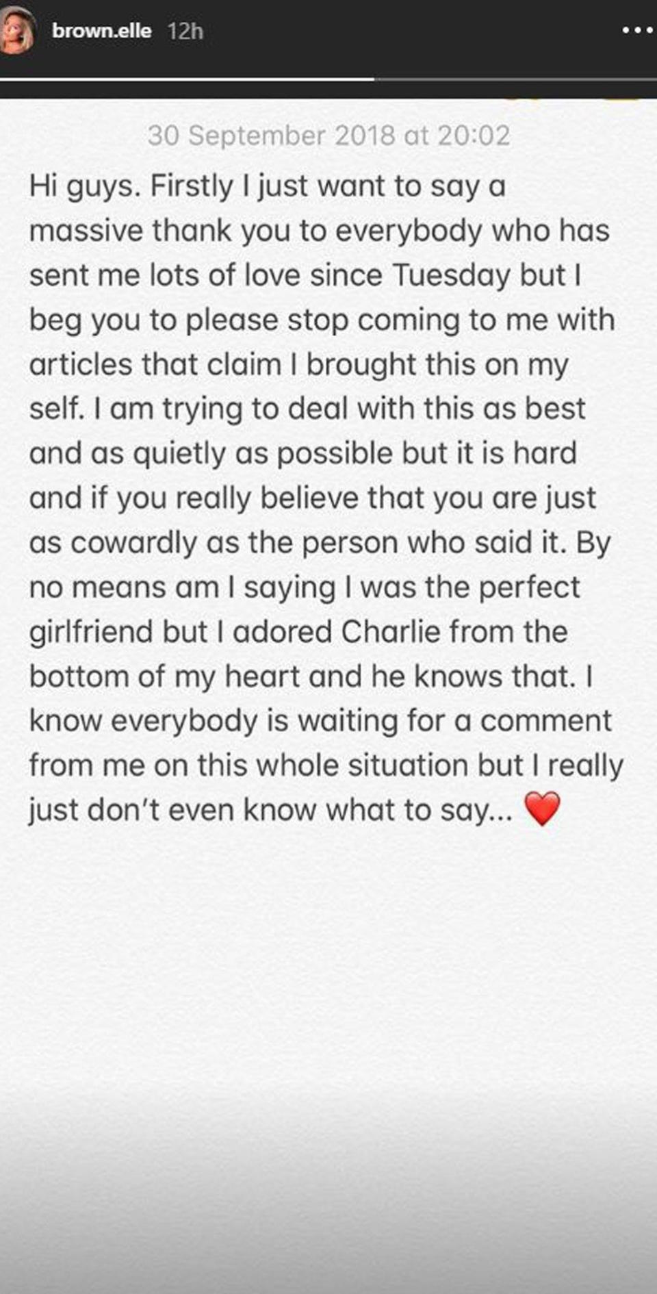 Statement: Brown commented on the break-up via Instagram Stories (Instagram / Ellie Brown)