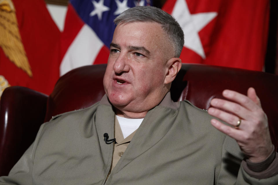 Assistant Commandant of the Marine Corps Gen. Glenn Walters speaks during an interview, Friday, April 7, 2017, at the Pentagon. Two male Marines have been demoted and about two dozen other military members are being investigated in connection with the investigation into nude photographs that were shared online, the Marine Corps said Friday. (AP Photo/Evan Vucci)