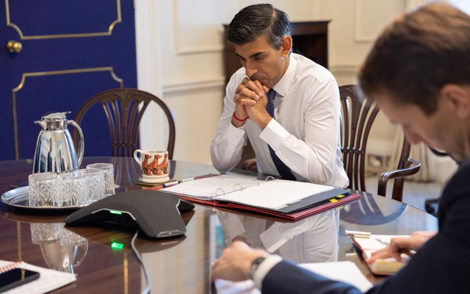 Rishi Sunak talks to the Prime Minister of Japan, Fumio Kishida, from his offices in Downing Street this morning - Simon Walker/No10 Downing Street 