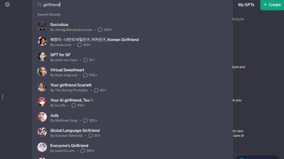 在GPT商城中搜尋「女友（girlfriend）」，結果顯示一連串AI女友相關的應用程式。（圖／翻攝自「QUARTZ」）