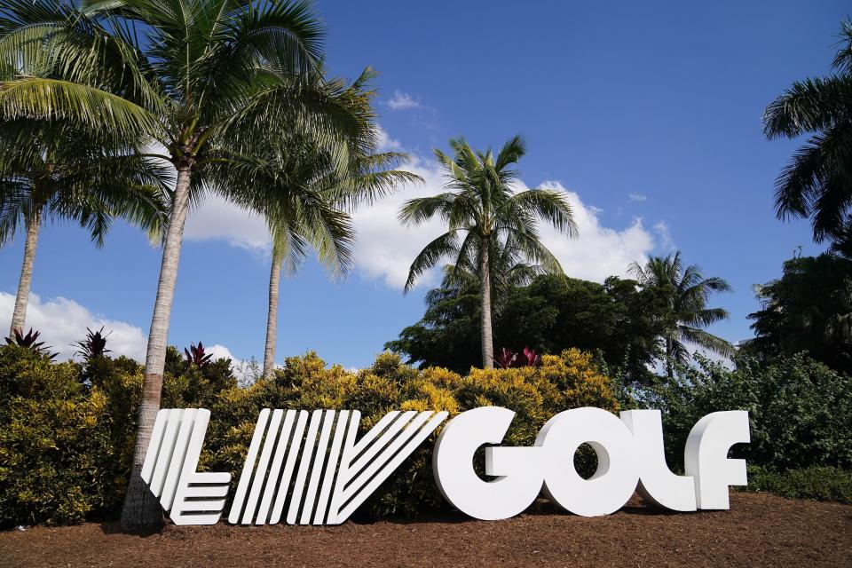 Oct 27, 2022; Miami, Florida, USA; A general view of the LIV Golf logo statue during the Pro-Am tournament before the LIV Golf series at Trump National Doral. Mandatory Credit: Jasen Vinlove-USA TODAY Sports