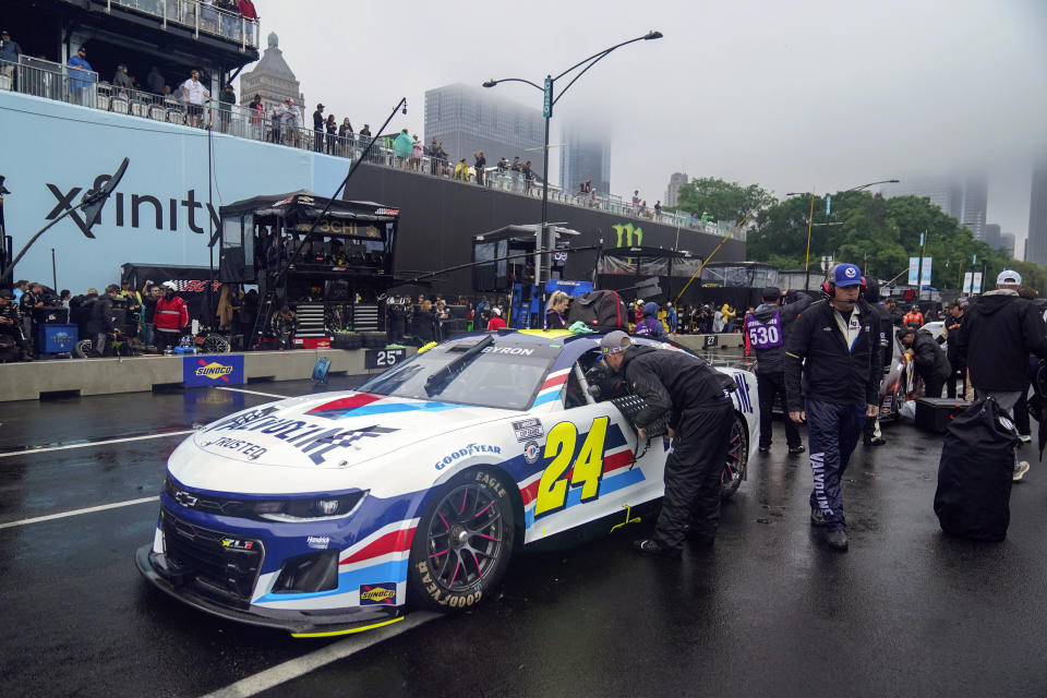 William Byron's car is prepped ahead of a NASCAR Cup Series auto race at the Grant Park 220, Sunday, July 2, 2023, in Chicago. (AP Photo/Erin Hooley)