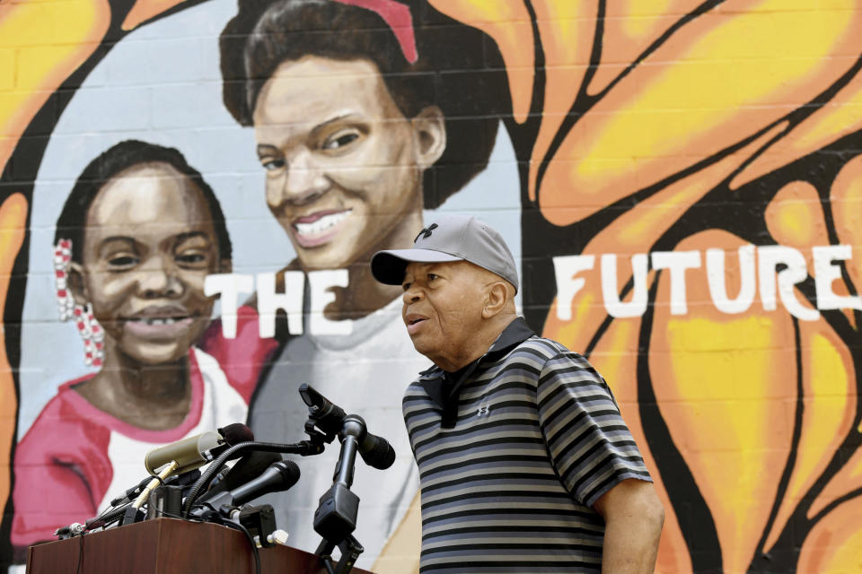 FILE - In this Aug. 3, 2019, Congressman Elijah Cummings speaks at the grand opening of the McCullough Street Nature Play Space in West Baltimore. Cummings, a sharecropper's son who rose to become the powerful chairman of a U.S. House committee that investigated President Donald Trump, died early Thursday, Oct. 17 of complications from longstanding health issues, his office said. He was 68. (Kim Hairston/The Baltimore Sun via AP, File)