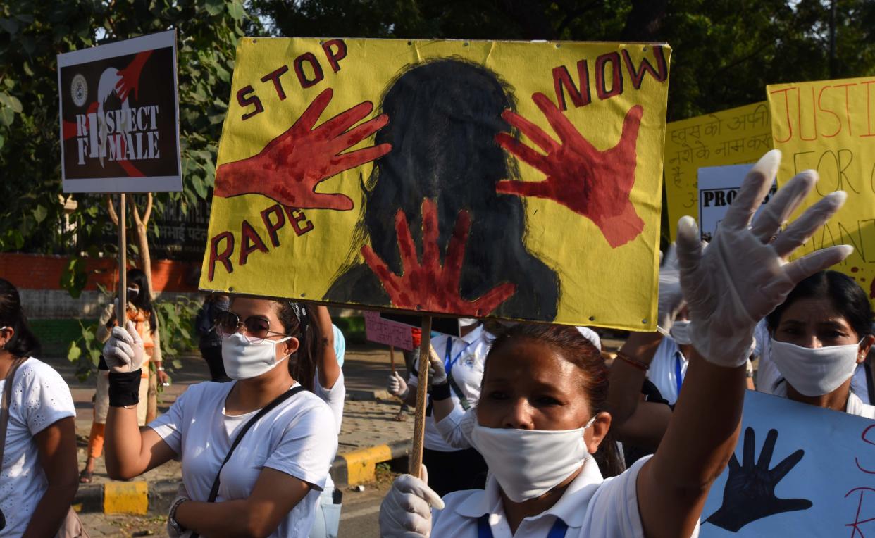 NEW DELHI, INDIA - OCTOBER 11: Nayay NGO protest to seek justice for Hathras gang rape victims at Jantar Mantar, on October 11, 2020 in New Delhi, India. (Photo by Mohd Zakir/Hindustan Times via Getty Images)