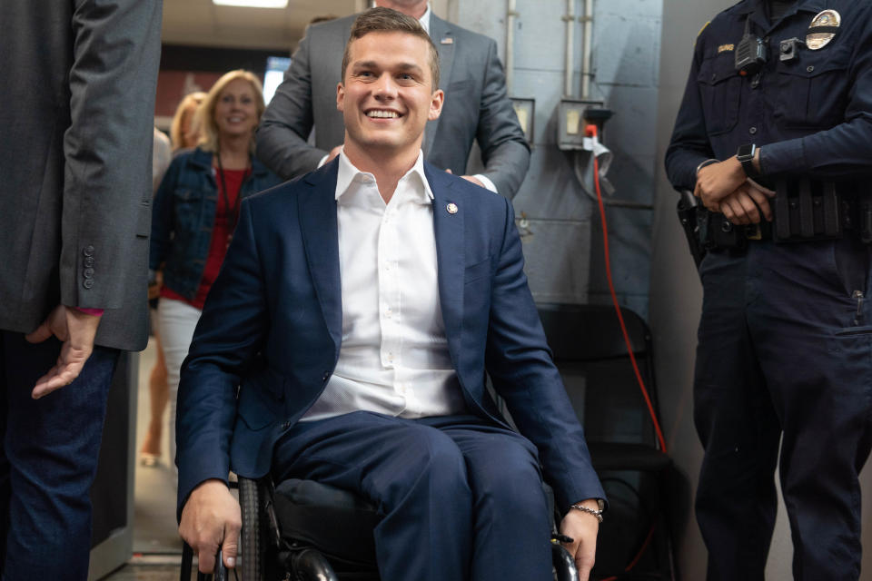 Republican congressman Madison Cawthorn greets supporters at his primary election day watch party in Hendersonville on May 17, 2022.