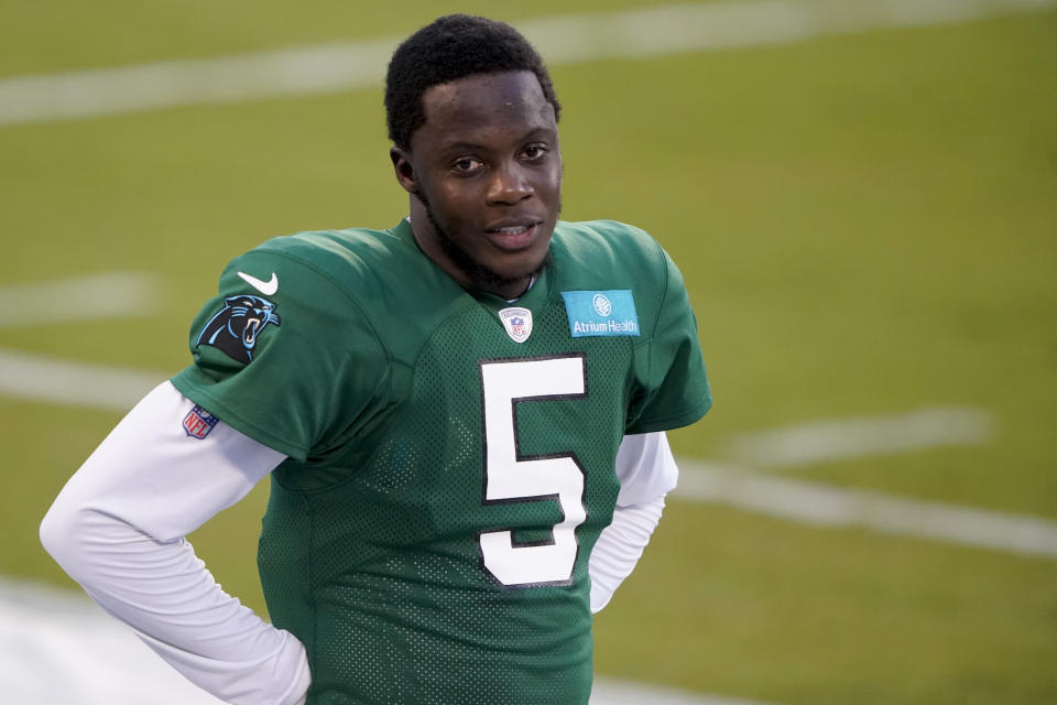 FILE - Carolina Panthers quarterback Teddy Bridgewater watches during an NFL football camp practice Wednesday, Aug. 26, 2020, in Charlotte, N.C. The Panthers play the Raiders on Sunday, Sept. 13. (AP Photo/Chris Carlson)