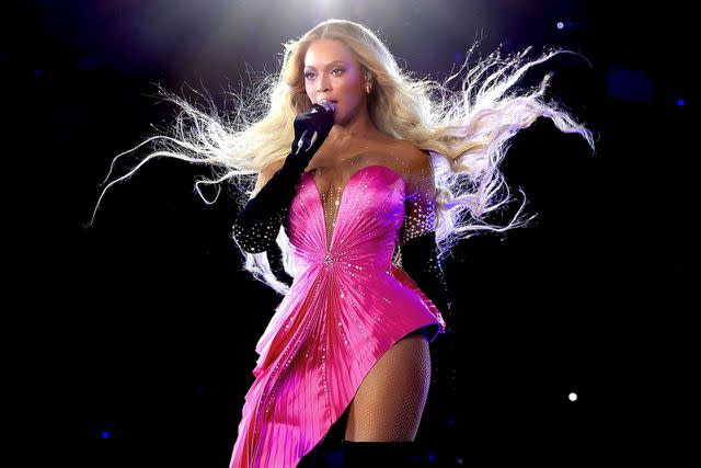 <p>Kevin Mazur/WireImage</p> Beyoncé performs at SoFi Stadium in Inglewood, California, for the Renaissance World Tour