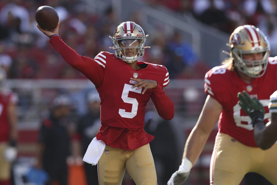 San Francisco 49ers quarterback Trey Lance takes over as the team's starter this season.  (AP Photo/Jed Jacobsohn)