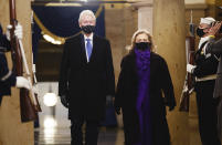 Former President Bill Clinton, left, and former Secretary of State Hillary Clinton arrive in the Crypt of the US Capitol for President-elect Joe Biden's inauguration ceremony on Wednesday, Jan. 20, 2021 in Washington. (Jim Lo Scalzo (Jim Lo Scalzo/Pool Photo via AP)