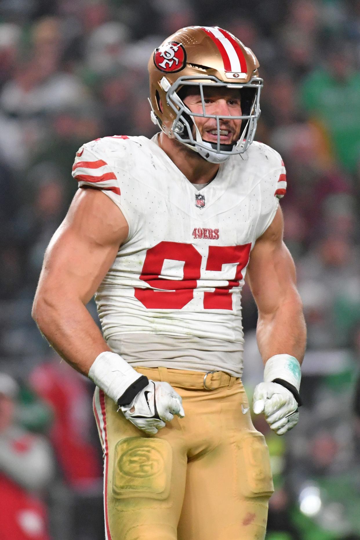 Nick Bosa lines up against the Philadelphia Eagles during the third quarter at Lincoln Financial Field on Dec. 3, 2023.