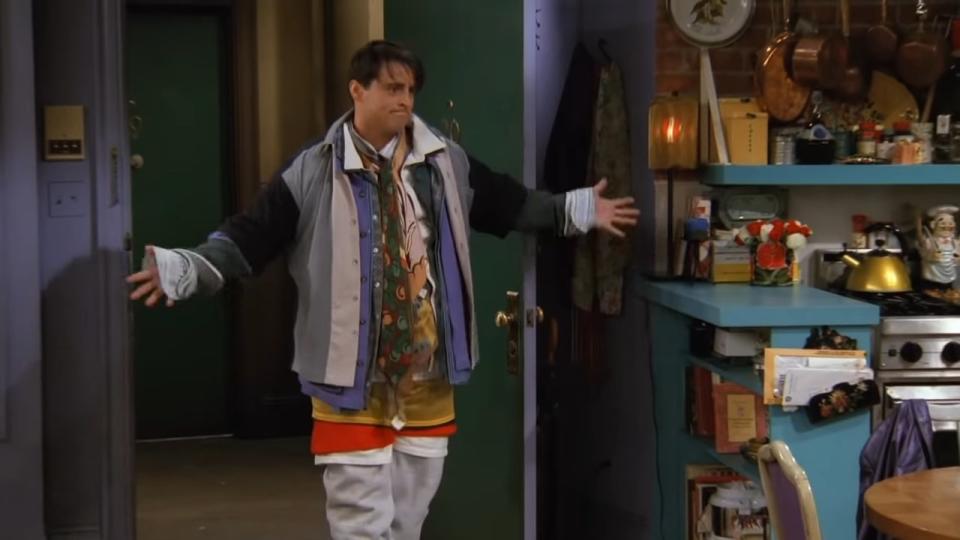 Joey wearing all of Chandler's clothes at once in "Friends"