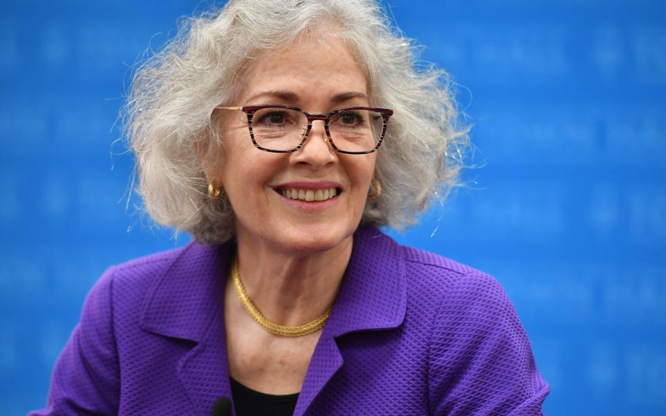 Former U.S. Ambassador to Ukraine Marie Yovanovitch speaks to members of the media before her speech at the Ringling Collage Library Association Town Hall on Monday at the Van Wezel Performing Arts Hall.