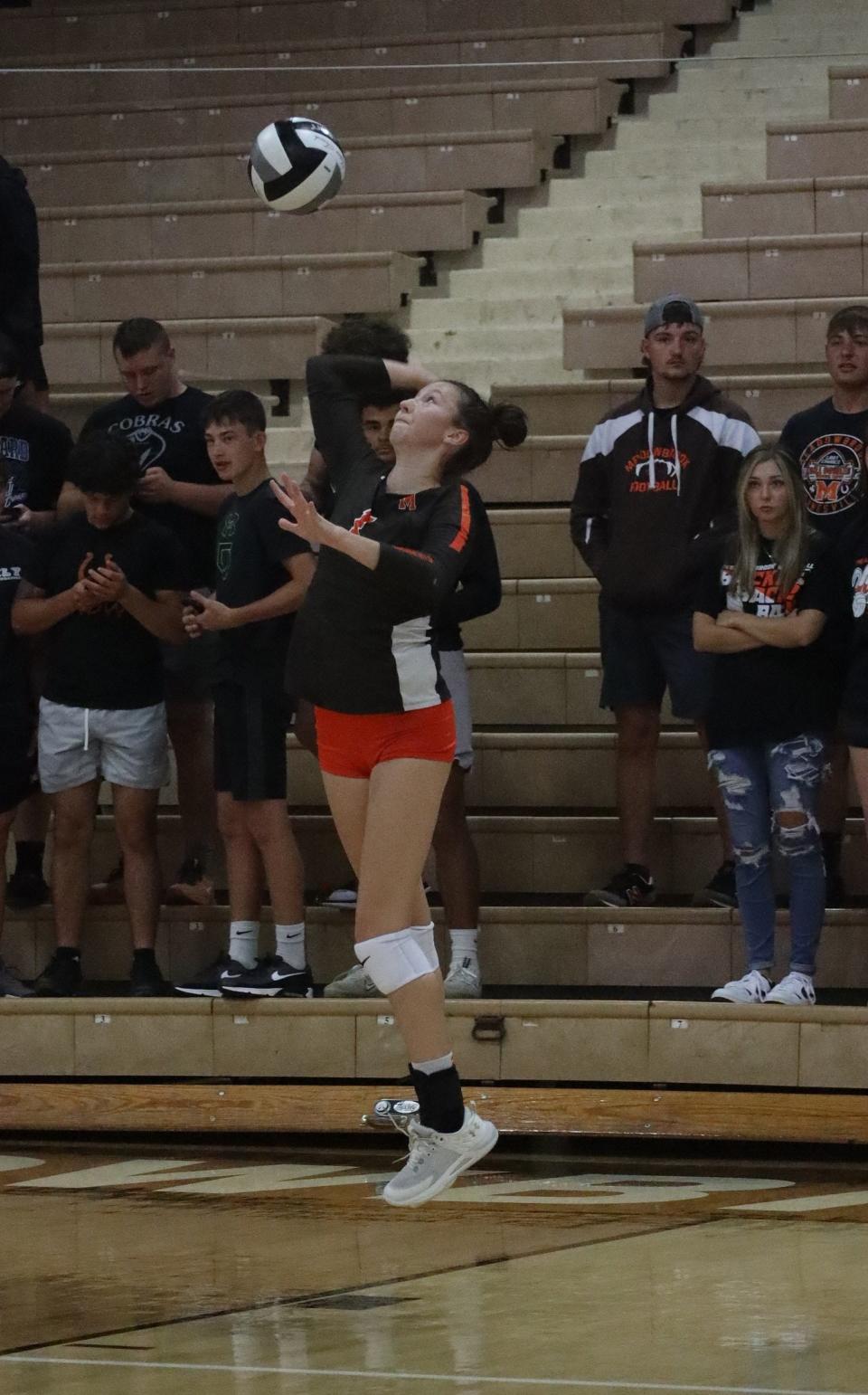 Meadowbrook senior Taylor Sichina (1) prepares to serve during Saturday's season opening match with Heath at Meadowbrook High School.