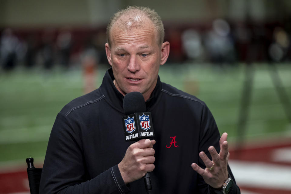 Alabama football head coach Kalen DeBoer talks with the NFL Network at Alabama's NFL football pro day, Wednesday, March 20, 2024, in Tuscaloosa, Ala. (AP Photo/Vasha Hunt)