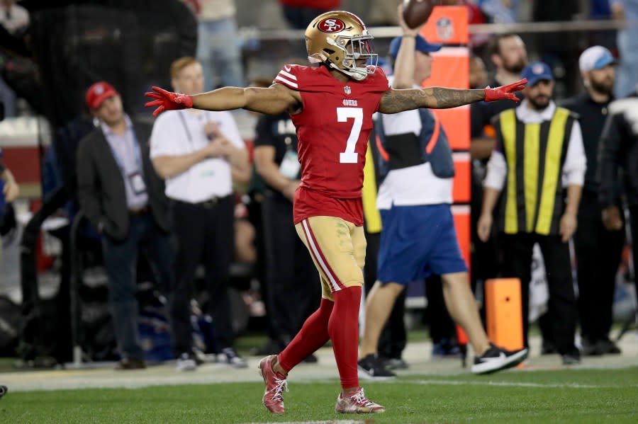 San Francisco 49ers cornerback Charvarius Ward (7)) gestures during the NFC Championship NFL football game against the Detroit Lions in Santa Clara, Calif., Sunday, Jan. 28, 2024. (AP Photo/Scot Tucker)