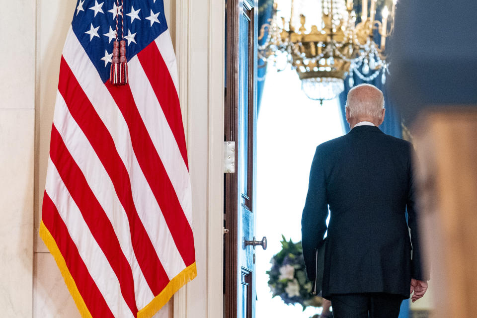 President Joe Biden departs after speaking at the White House in Washington, Friday, June 24, 2022, after the Supreme Court overturned Roe v. Wade. (AP Photo/Andrew Harnik)