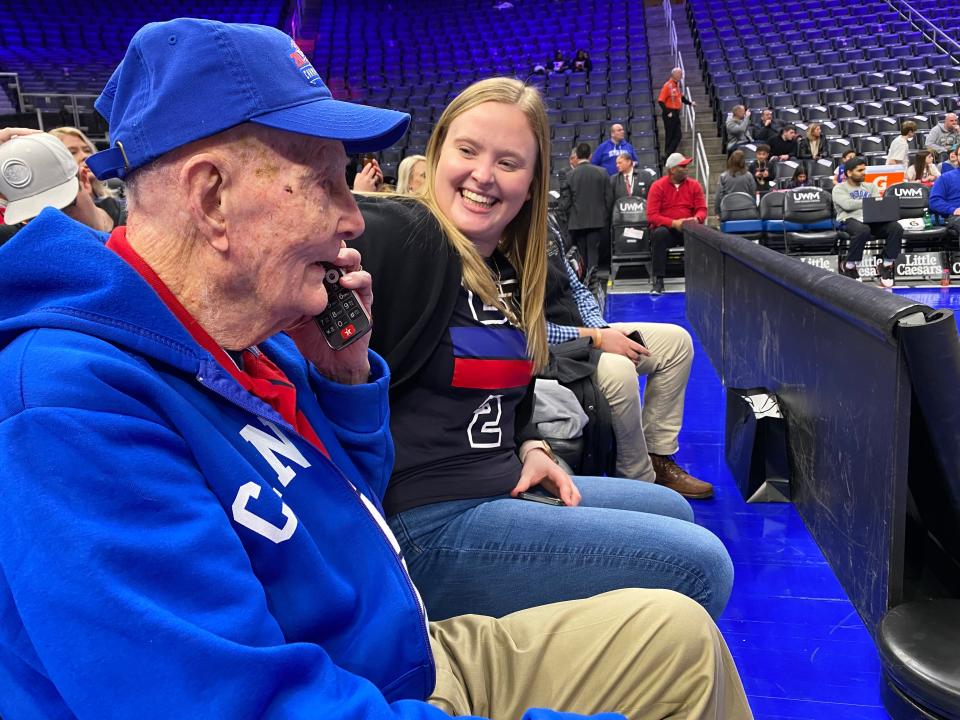 Darryl Raymond, 95, of Belleville, Michigan, called his sons from the Little Caesars Arena on March 13, 2023, to share the news of his special Detroit Pistons surprise.