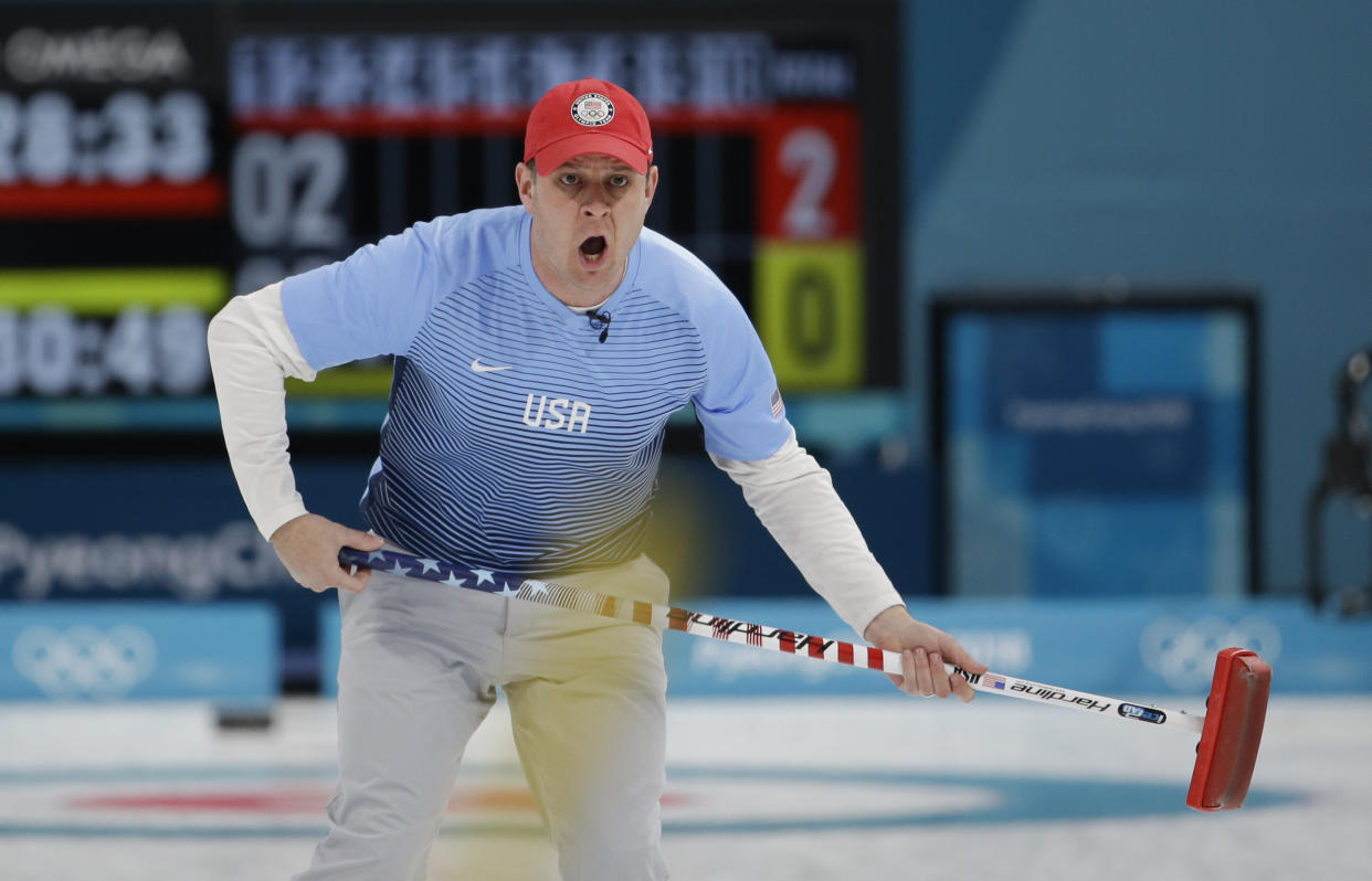 United States’s skip John Shuster makes a call during the men’s final curling match against Sweden at the 2018 Winter Olympics in Gangneung, South Korea, Saturday, Feb. 24, 2018. (AP Photo/Natacha Pisarenko)