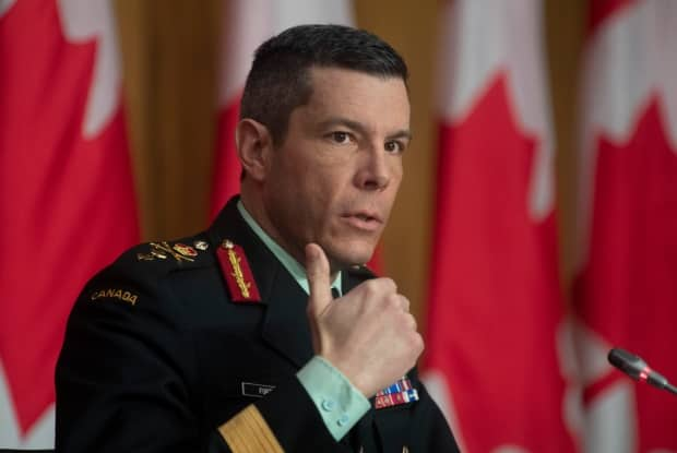 Maj.-Gen. Dany Fortin responds to a question on COVID vaccines during a news conference in Ottawa. (Adrian Wyld/Canadian Press - image credit)