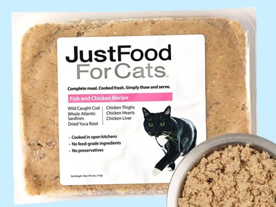 A package of JustFood for Cats cat food.