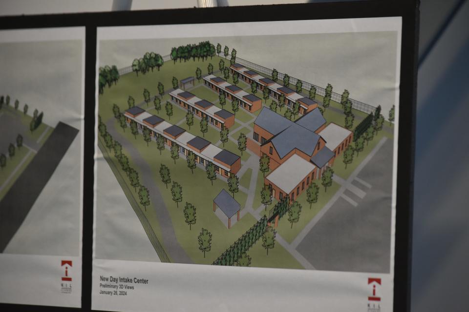 A photo rendering of the proposed 80-bed New Day Intake Center, a low-barrier homeless shelter that would house people while eschewing sobriety or income requirements, was shared at a press conference Friday, Jan. 26, 2024.