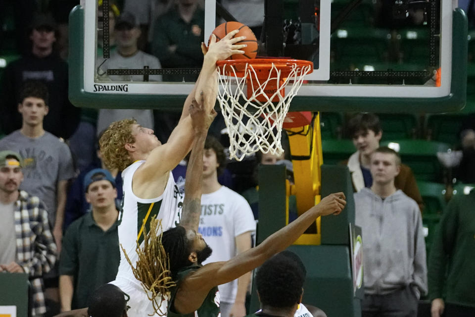 Baylor forward Caleb Lohner dunks on Mississippi Valley State during the first half of an NCAA college basketball game, Friday, Dec. 22, 2023, in Waco, Texas. (AP Photo/Julio Cortez)