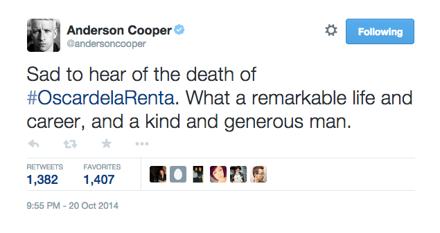 “Sad to hear of the death of #OscardelaRenta. What a remarkable life and career, and a kind and generous man.”