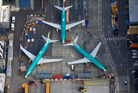 FILE PHOTO: An aerial photo shows Boeing 737 MAX airplanes parked on the tarmac at the Boeing Factory in Renton, Washington, U.S. March 21, 2019. REUTERS/Lindsey Wasson/File Photo